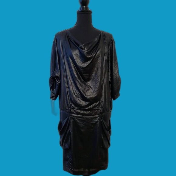BCBGMAXAZRIA Black Dolman Sleeve Wet Look Cowl Neck Mini Dress Size Small - Picture 8 of 10